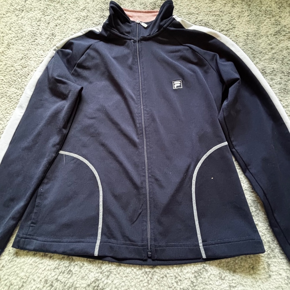 Fila Full Zip Cropped Y2k Track Jacket Navy with White Stripes Size Small